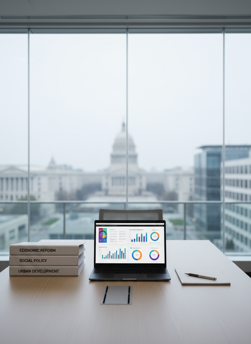 A minimalist, glass-walled meeting room overlooking a distant government complex, the buildings rendered in soft blur through the windows. At the center, a sleek matte-black laptop displays a colorful dashboard of performance metrics and policy timelines, flanked by a tidy stack of briefing binders with labeled spines and a metal pen aligned precisely on a legal pad. Cool, diffused daylight fills the room, emphasizing clarity and transparency. Shot from a slightly elevated angle with a shallow depth of field, the composition leads the eye to the data on the screen. The photographic realism and calm, orderly atmosphere convey analytical rigor and modern management in government consulting.